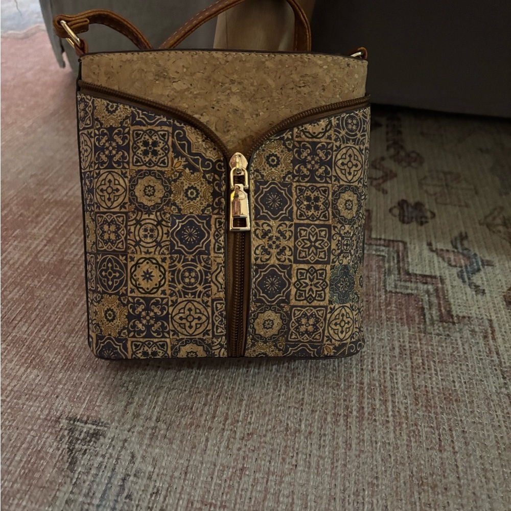 Patterned Tile Print Crossbody Bag in Brown and Tan cork